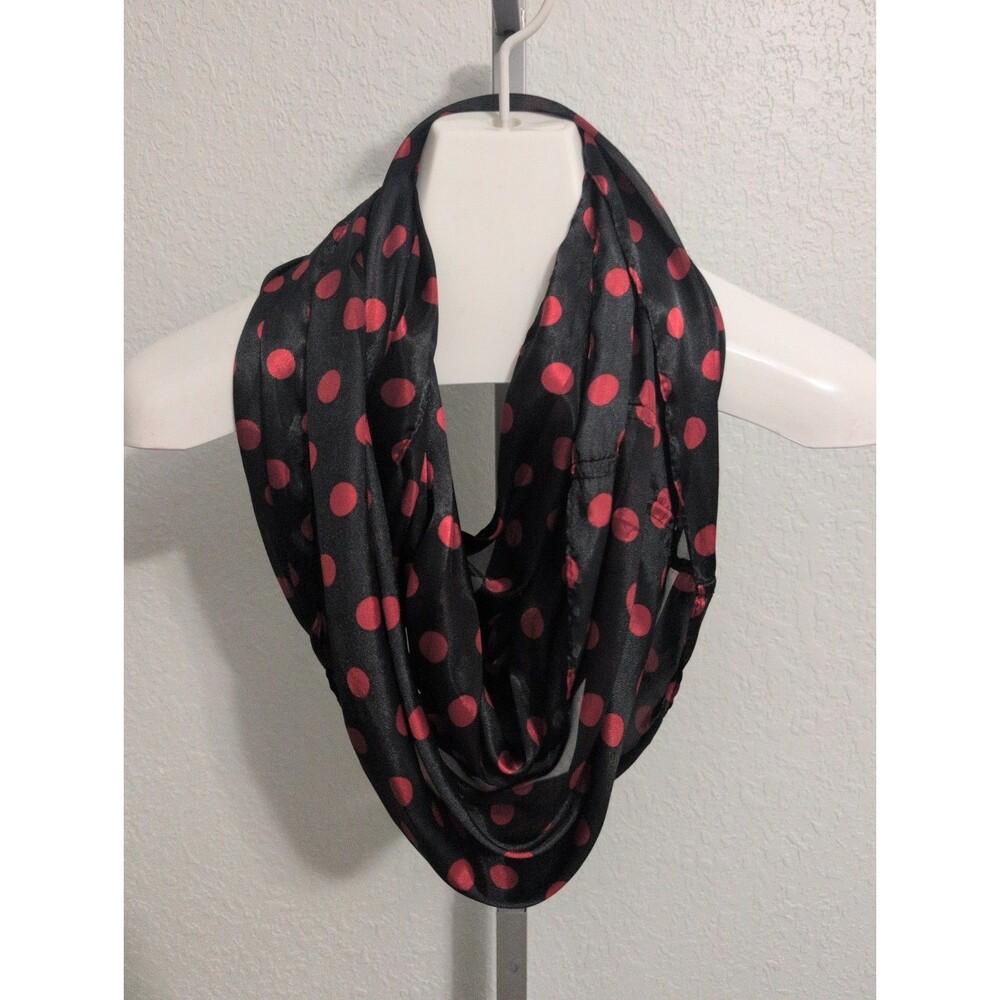 Women's Silk Feel Black & Red Polka Dot Print Infinity Scarf 21" Wide 70" Round